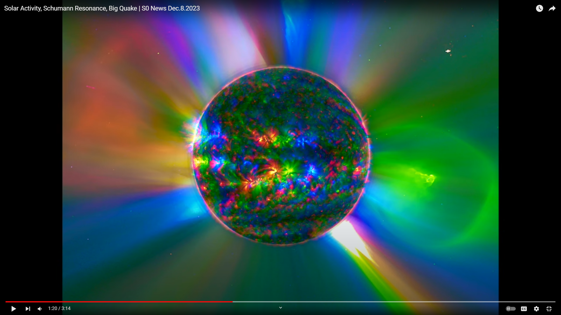 Image of the sun combining multiple angstroms of Extreme ultraviolet (EUV) and X-rays. Shows off magnetic polarities. Screenshot from spaceweathernews yt channel.