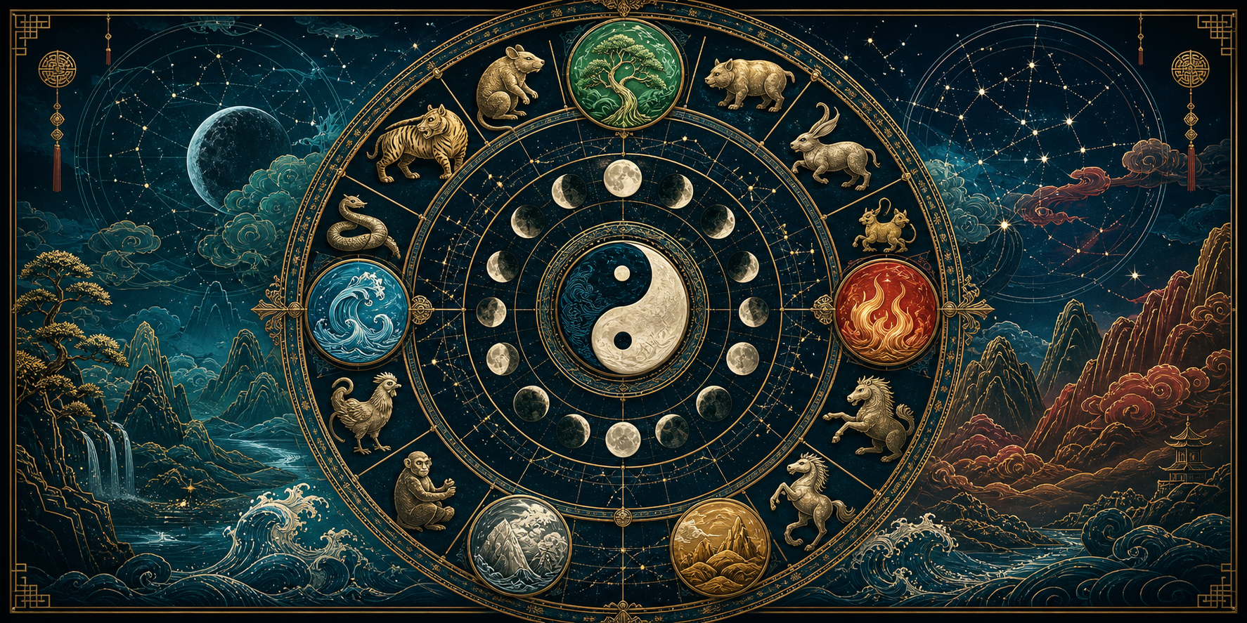 Traditional Eastern astrology calendar wheel with zodiac, lunar, elemental, and star map motifs